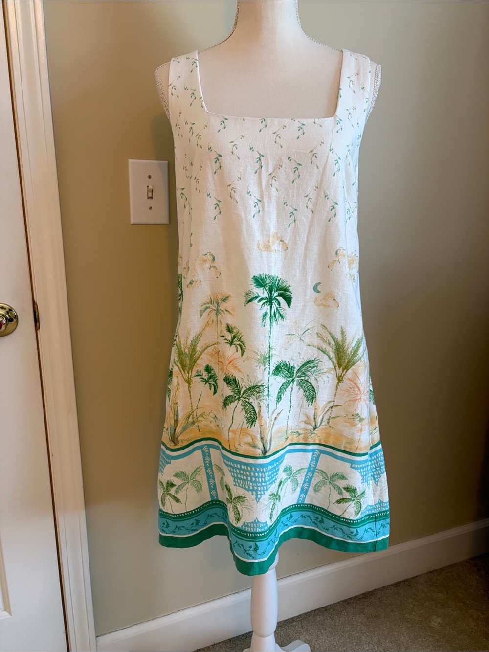 London Times White Tropical Palm Print Sundress with Green Accents
